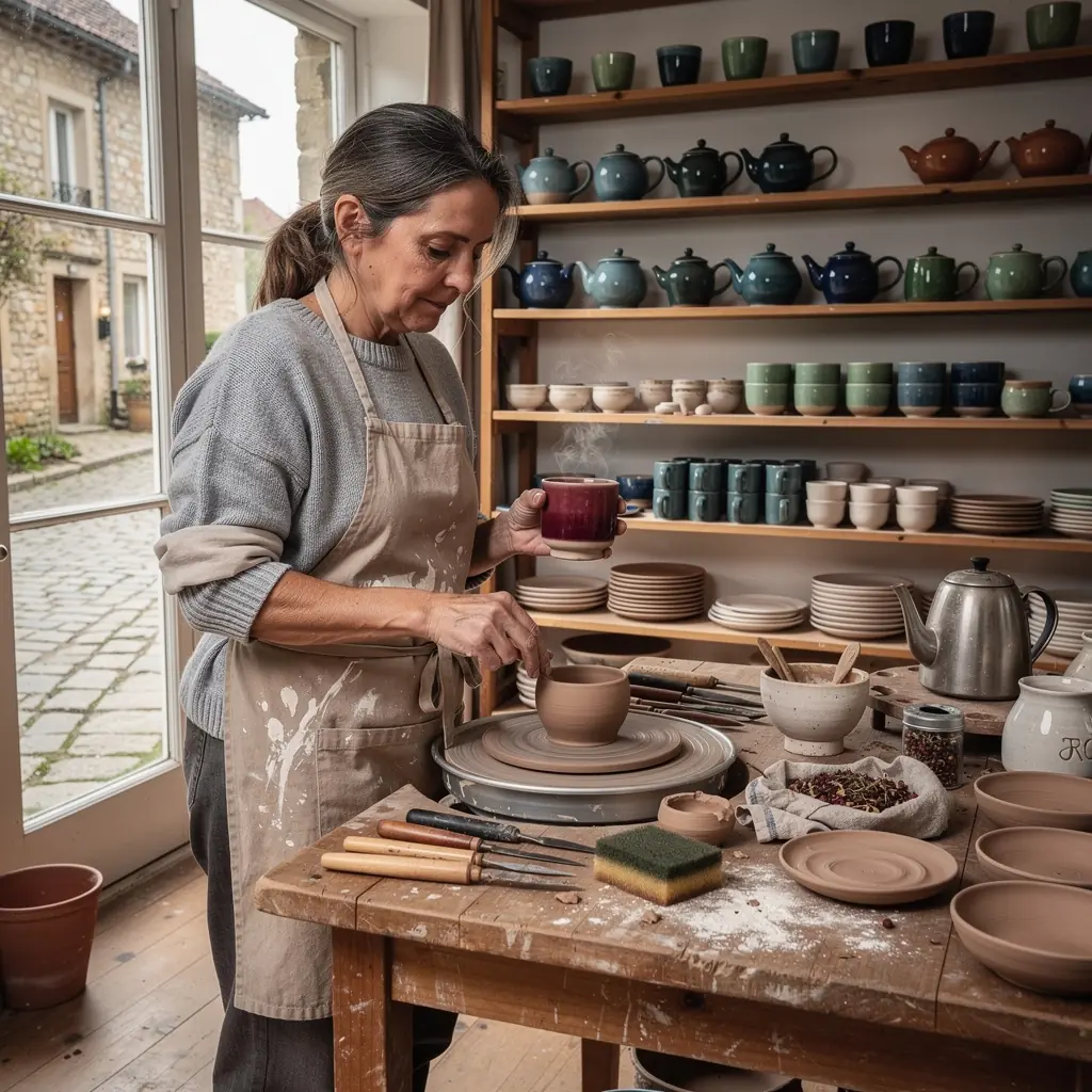 Havasi bogyó tea öntés közben, színes kerámia bögrébe.