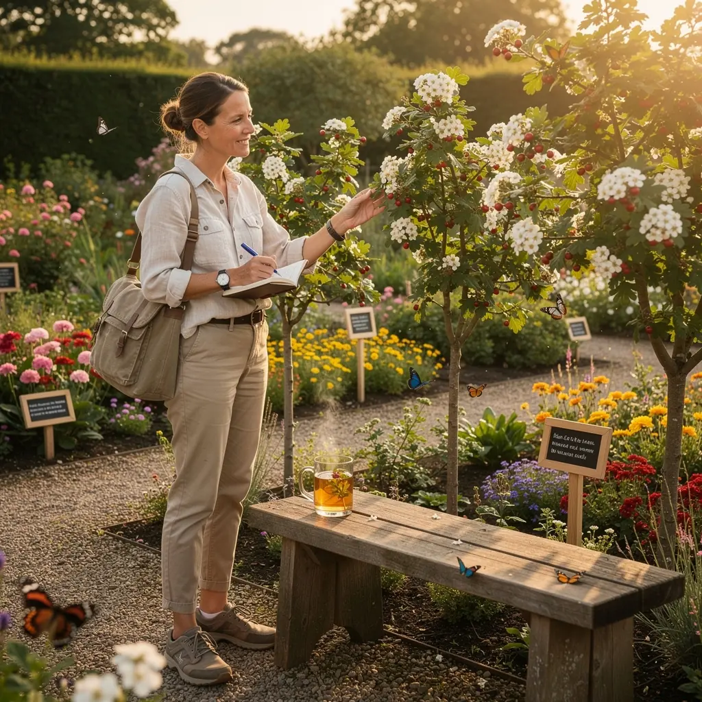 Havasi bogyókból készült tea, napfényes vidéki táj háttérrel.