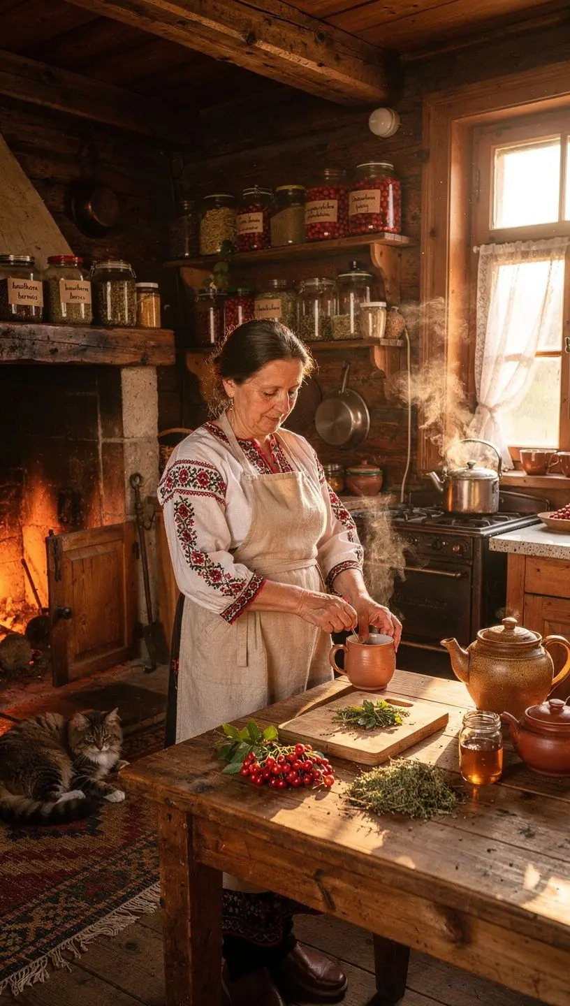 Hagyományos vidéki stílusú tea szett, hawthorn bogyós teával és virágos mintával.