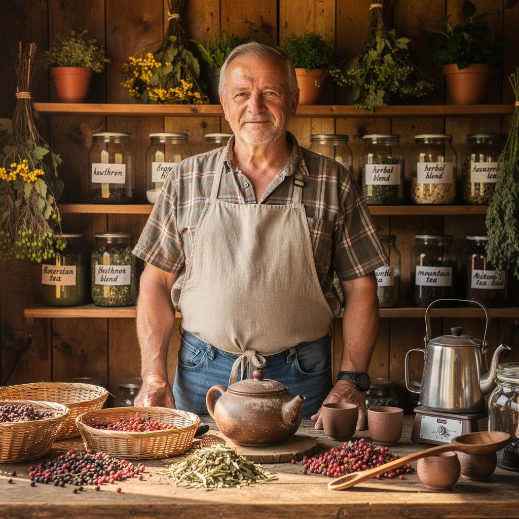 Hawthorn bogyós tea csésze, friss virágokkal díszítve a vidéki táj hátterében.